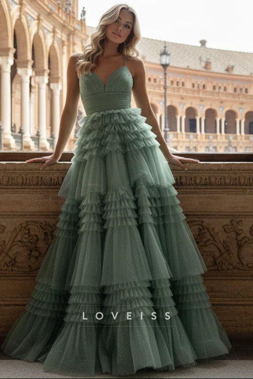 V-neck Sage Glitter Tulle Tiered Long Dress
