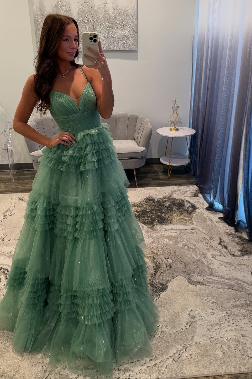 V-neck Sage Glitter Tulle Tiered Long Dress