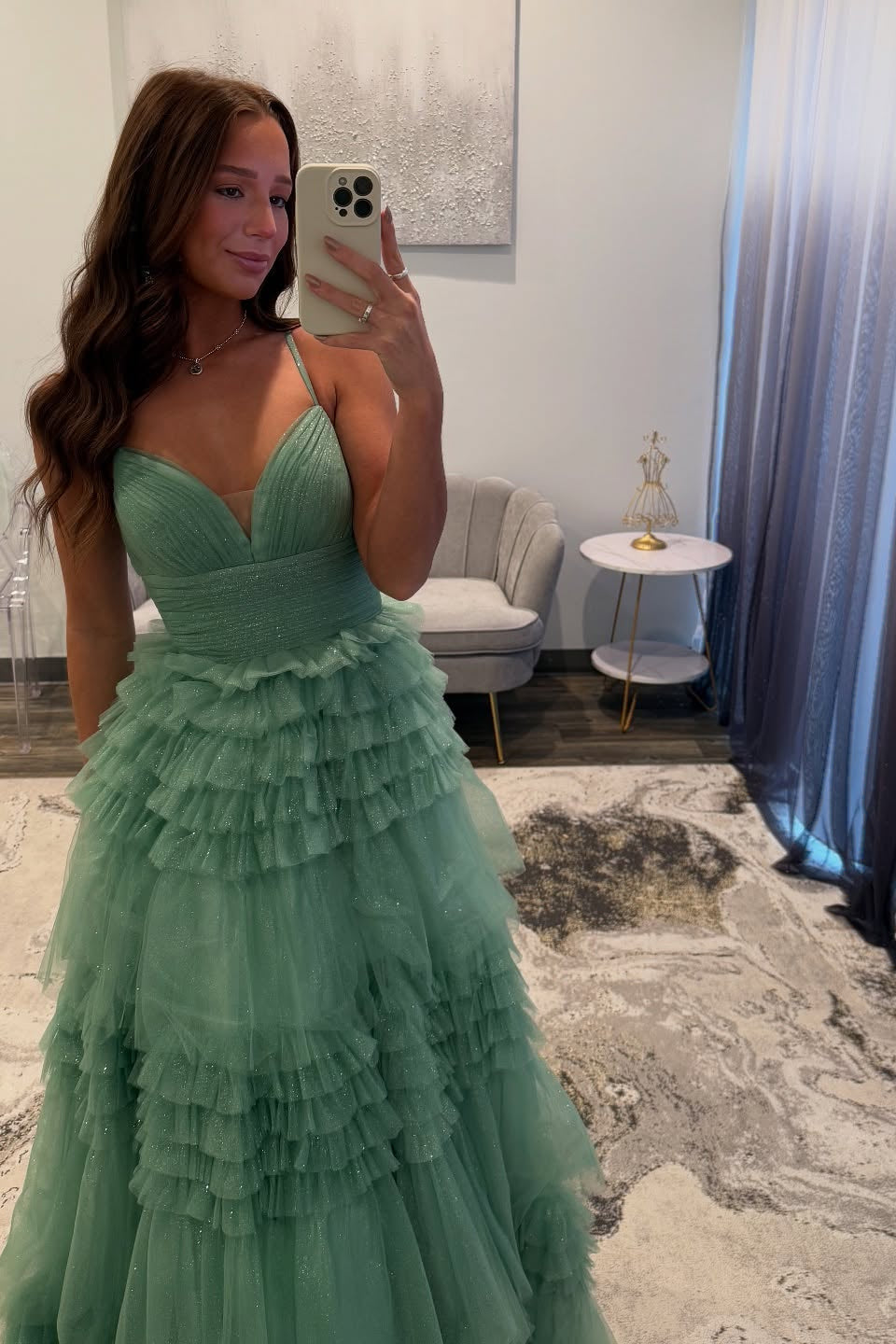 V-neck Sage Glitter Tulle Tiered Long Dress