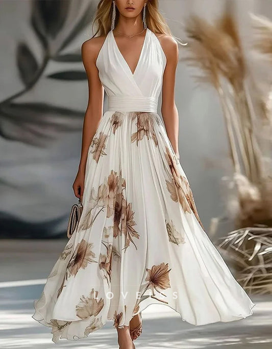 V-neck Solid Color Chiffon Floral Maxi Dress