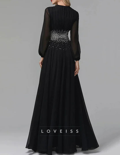 V-neck Solid Color Chiffon Long Sleeves Maxi Dress