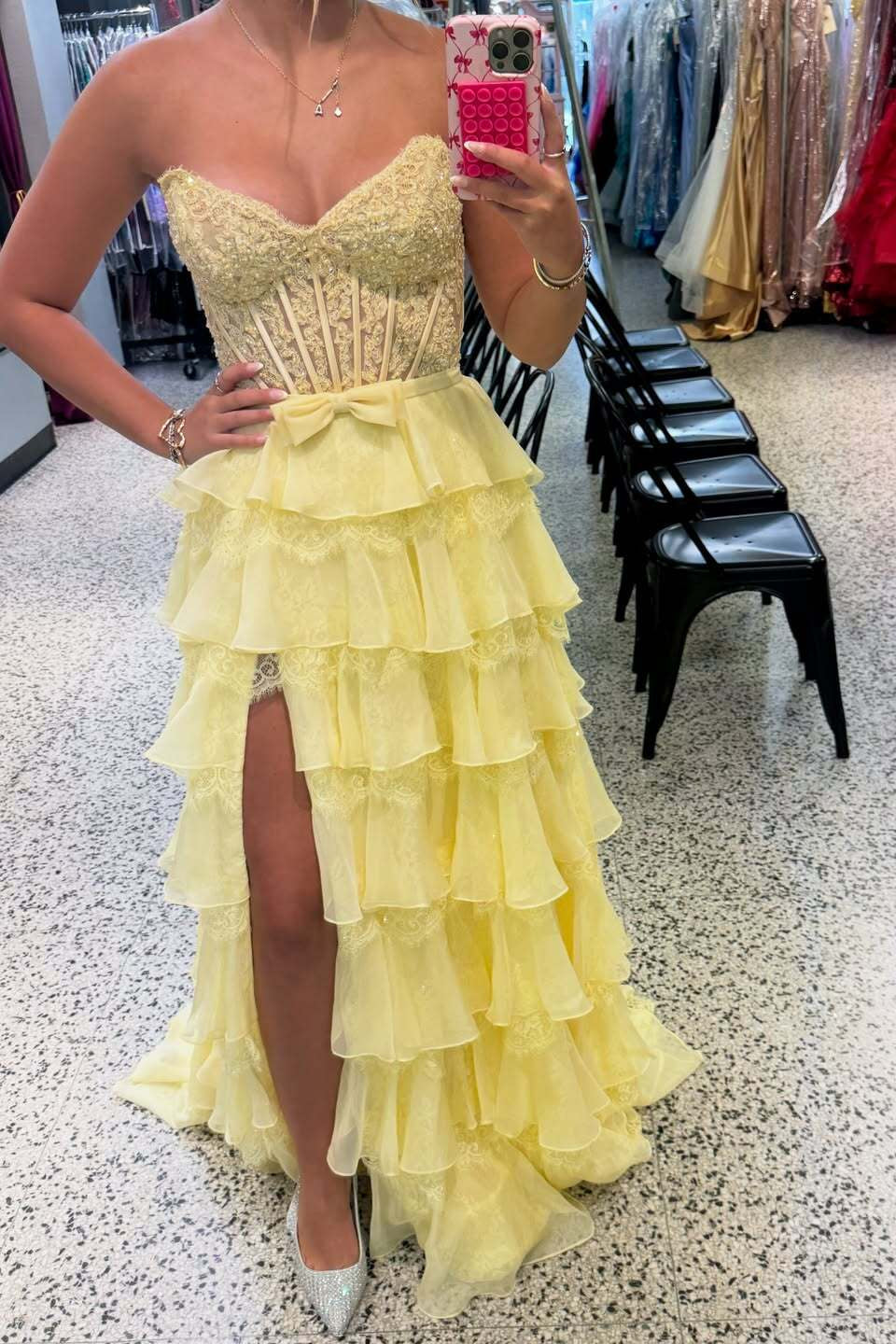 V-neck Yellow Lace Appliques Tiered Long Dress with Slit