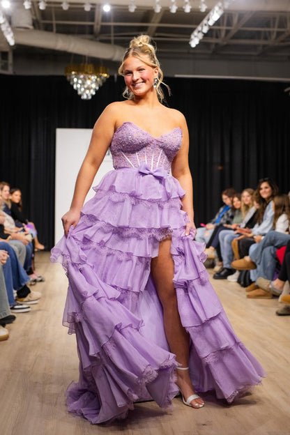 V-neck Yellow Lace Appliques Tiered Long Dress with Slit