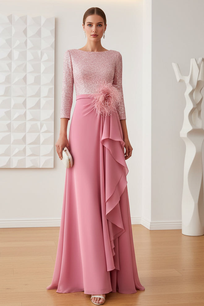 Scoop Long Sleeves Pink Sequin and Chiffon EveningDress