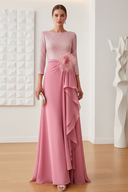 Scoop Long Sleeves Pink Sequin and Chiffon EveningDress
