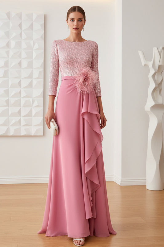 Scoop Long Sleeves Pink Sequin and Chiffon EveningDress