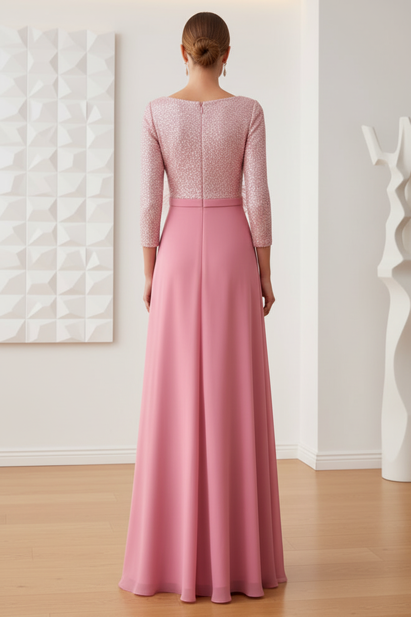 Scoop Long Sleeves Pink Sequin and Chiffon EveningDress