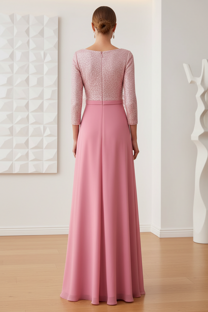 Scoop Long Sleeves Pink Sequin and Chiffon EveningDress
