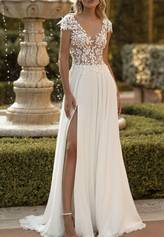 V-Neck Cap Sleeves Appliques Side Slit A-Line Beach Wedding Dress