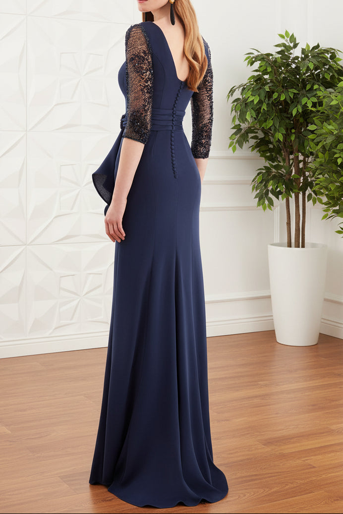V-Neck Sleeves Mermaid Mother of Bride Dress