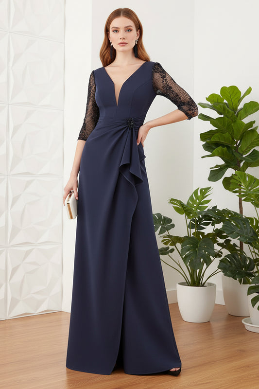 V-Neck Sleeves Mermaid Mother of Bride Dress