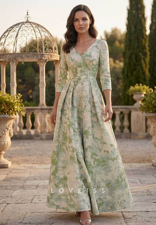 V-Neck Jacquard Mother of the Bride Dresses Ankle-Length 3/4 Sleeves Floral