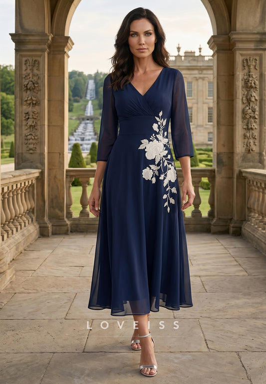 V-Neck Chiffon Mother of the Bride Dresses Tea-Length 3/4 Sleeves Lace Floral