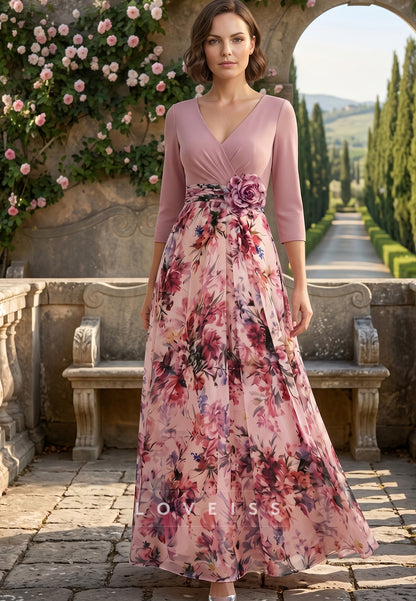 V-Neck Elastic Chiffon Mother of the Bride Dresses with 3D Flower Floral Ankle-Length 3/4 Sleeves