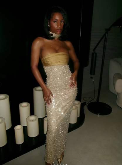 Pretty Mermaid Strapless Long Yellow Sequin Satin Party Dresses Prom Dresses