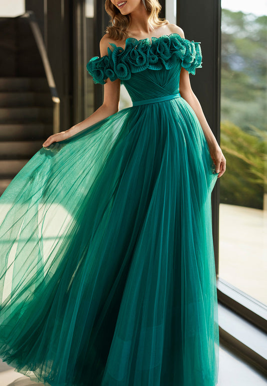 Off-Shoulder Strapless Floral Embellished Chiffon Long Mother of Bride Dress Cocktail Dress