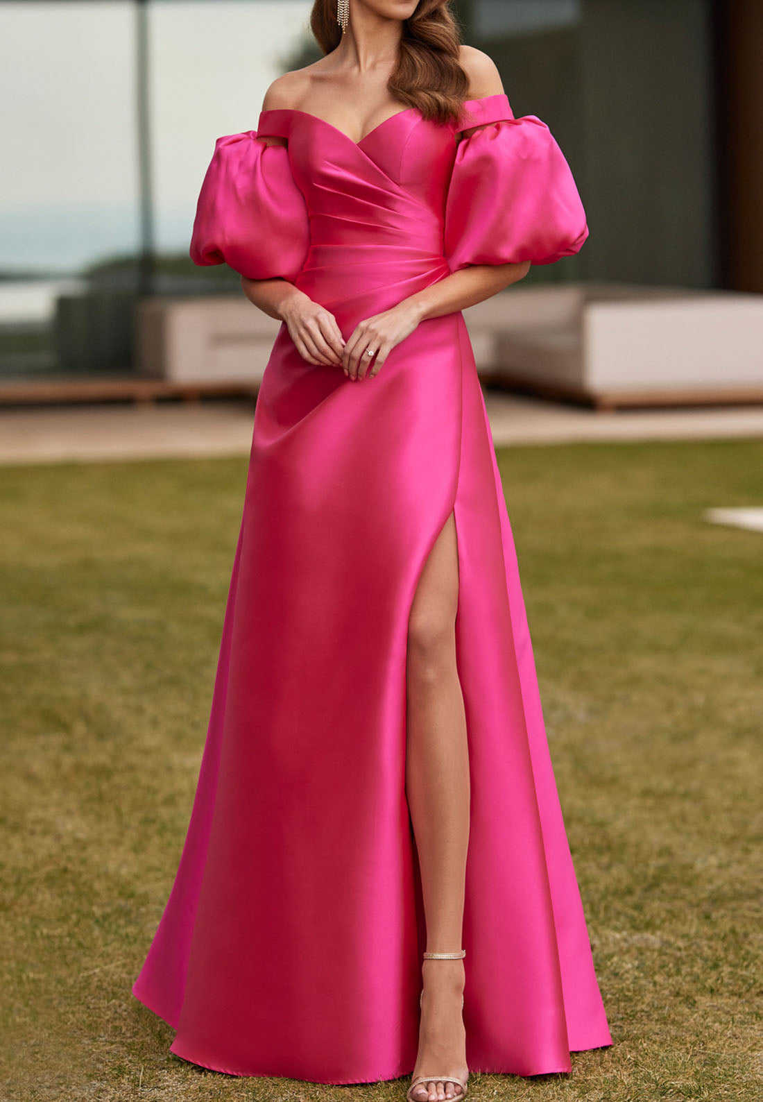 Sweetheart Puff Sleeves High Slit Sleek Satin A-Line Mother of Bride Dress