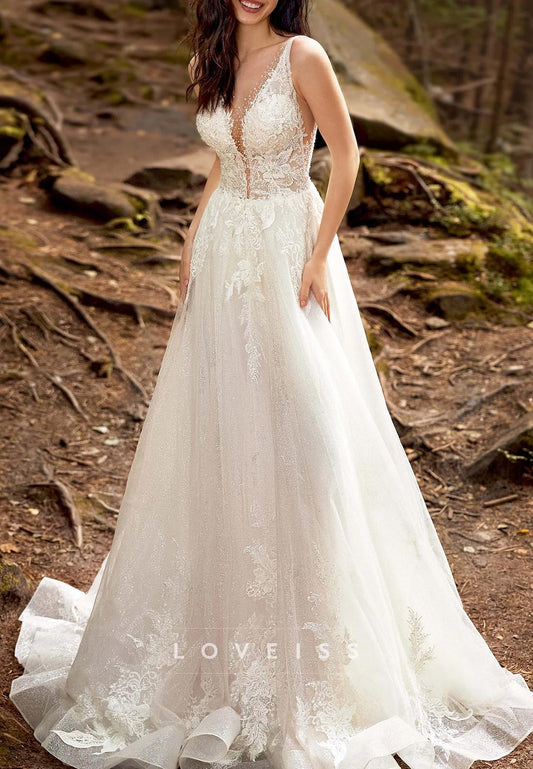 A-Line Deep V-neck Appliques Wedding Dress