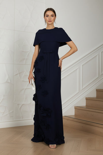 Scoop Short Sleeves Appliques A-Line Evening Dress