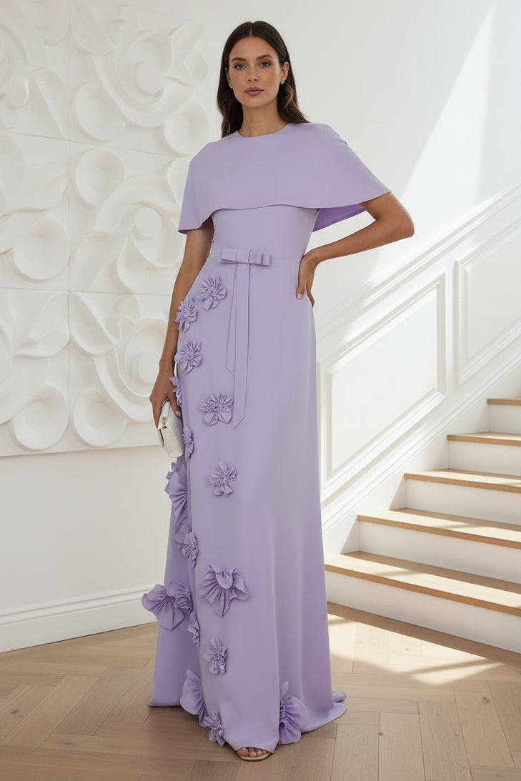Scoop Short Sleeves Appliques A-Line Evening Dress