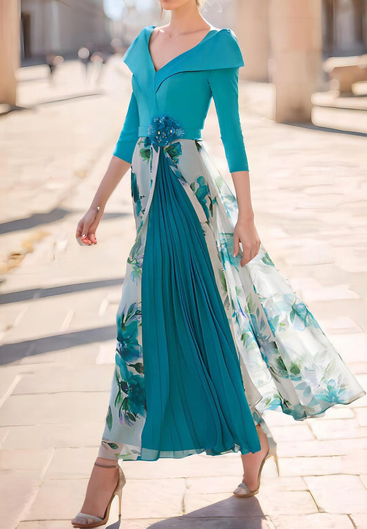 V-Neck Long Sleeves Floral Pleated A-Line Mother of Bride Dress
