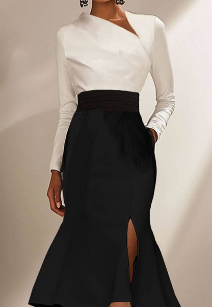 White Black Long-Sleeve Pencil Dress Flare Mermaid Work Dress