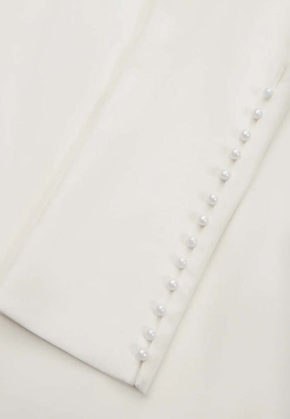 white bow long sleeve sheath midi dress Leely Women Ivory Midi Pencil Work Dress with Bow Long Sleeves Business Dress with Slit