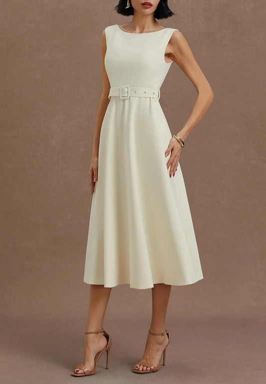 White Classic Boat Neck Sleeveless A-Line Midi Dress