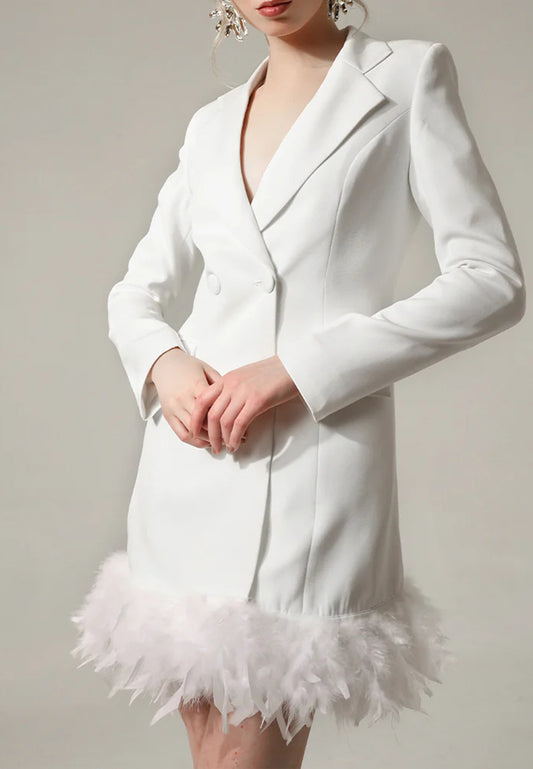 White Feathered Elegance Blazer Short Dress