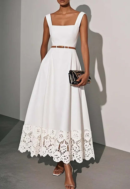 square neck sleeveless a-line dress in white Amsale Little White Dress LW226