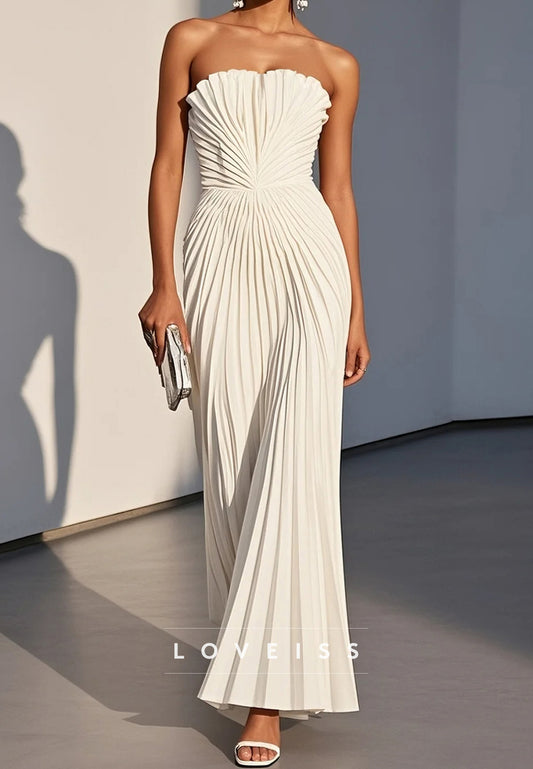 White Pleated Classic Strapless Sleeveless A-Line Maxi Dress