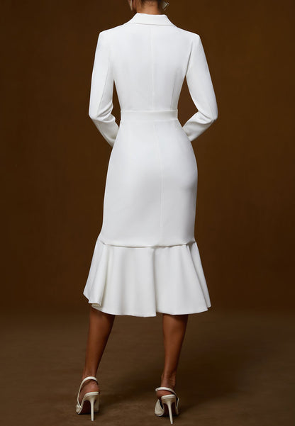 White Ruffled Shawl Collar Mermaid Midi Blazer Dress