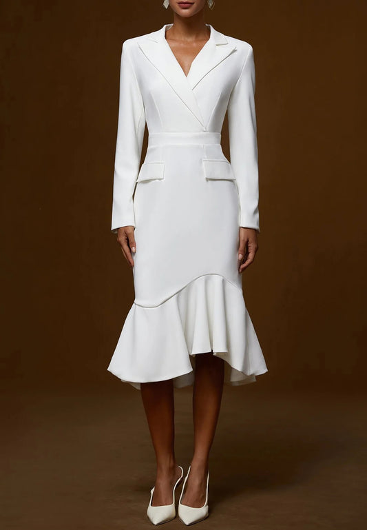White Ruffled Shawl Collar Mermaid Midi Blazer Dress