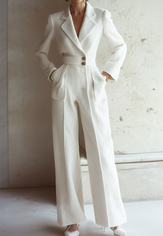 White Tweed Buckle Pocket Stitching Lapel Collar Wide-Leg Jumpsuit