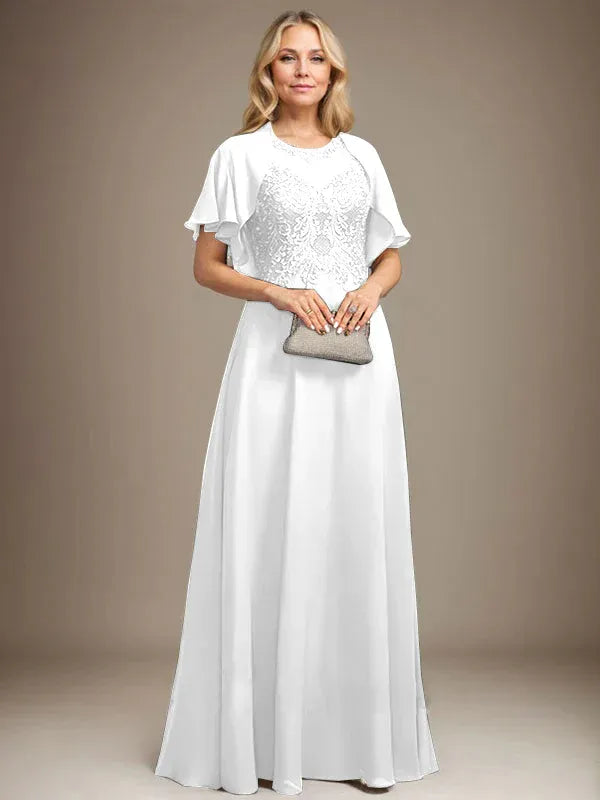 A-line Scoop Illusion Floor-Length Lace Chiffon Mother of the Bride Dress With Sequins