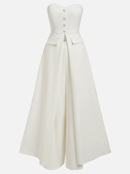 White Buckle Strapless Sleeveless Two-Piece Set