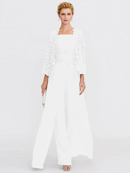 3 Piece Chiffon Square Neck Mother of the Bride Pantsuits with Jacket