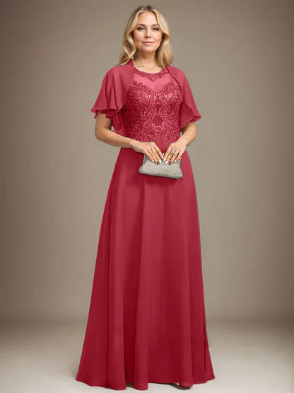 A-line Scoop Illusion Floor-Length Lace Chiffon Mother of the Bride Dress With Sequins