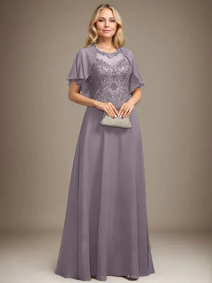 A-line Scoop Illusion Floor-Length Lace Chiffon Mother of the Bride Dress With Sequins