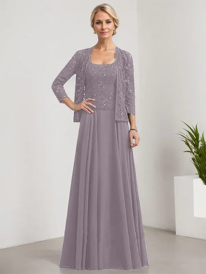 A-line Square Floor-Length Lace Chiffon Mother of the Bride Dress With Sequins