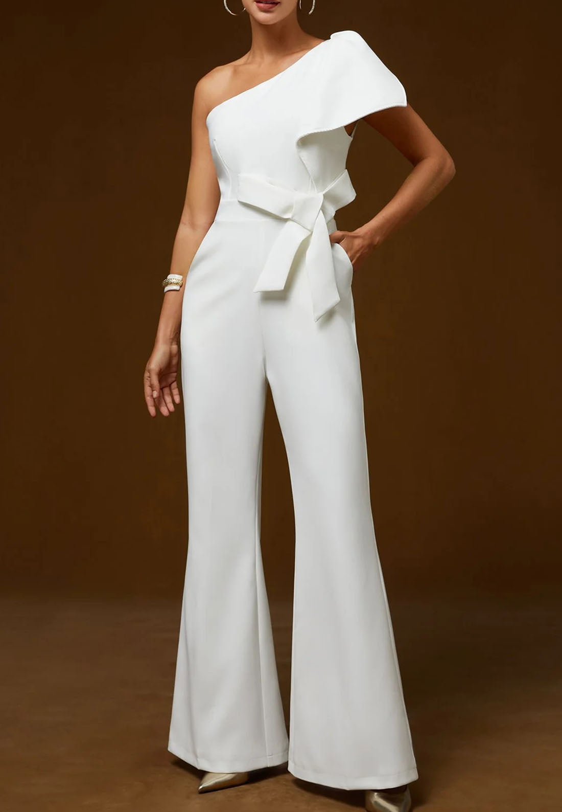 Women White Bow One Shoulder Wide-Leg Jumpsuit