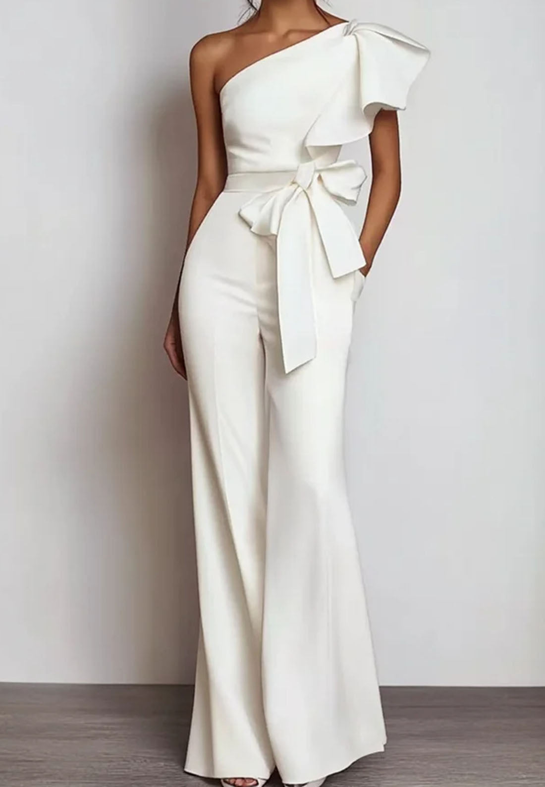 Women White Bow One Shoulder Wide-Leg Jumpsuit