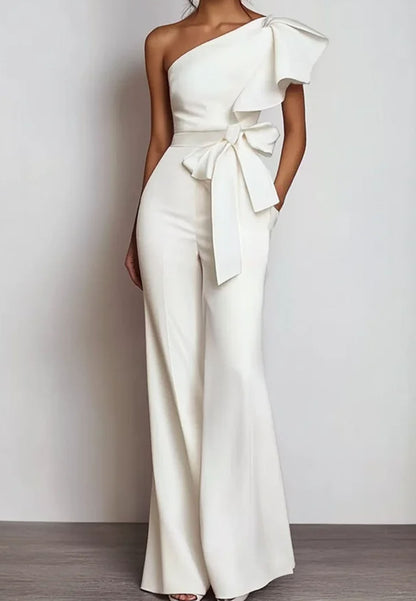 Women White Bow One Shoulder Wide-Leg Jumpsuit