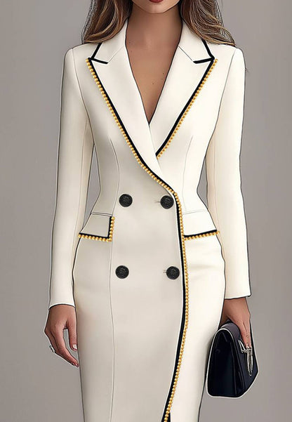 Work Business Blazer Dress Lapel Pearl Long Sleeve Midi Dress