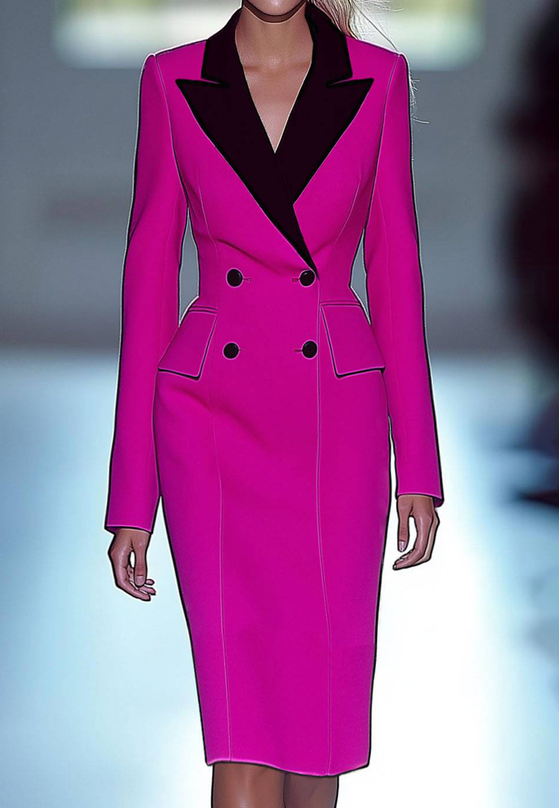 Work Business Dress Long Sleeve Collared Color Block Pencil Dress