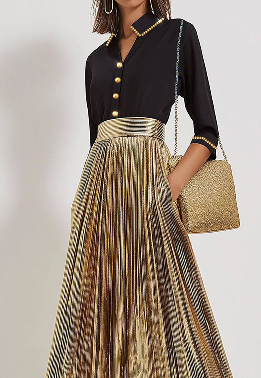 Work Daily Black Gold Dress Metallic Pleated Stavnd A-Line Dress Loveiss Work Daily Black Gold Dress Metallic Pleated Stavnd A-Line Dress Loveiss