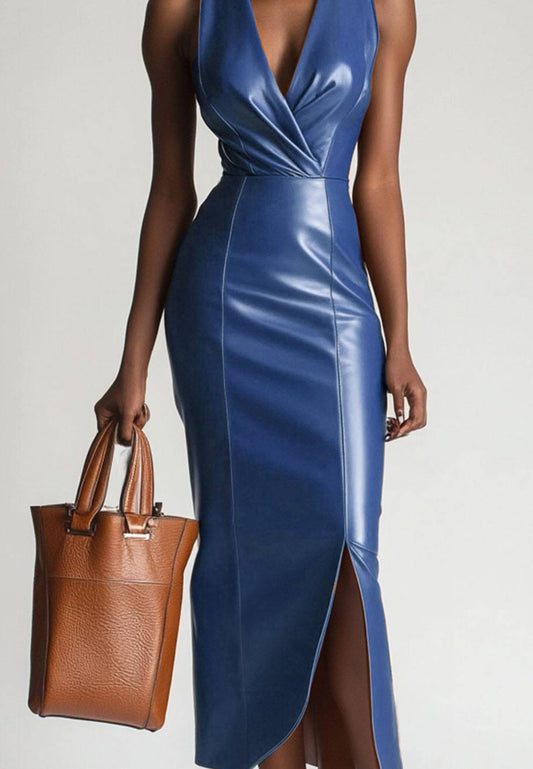 Work Dark Blue Leather Wrap Dress Sleeveless Pencil Dress