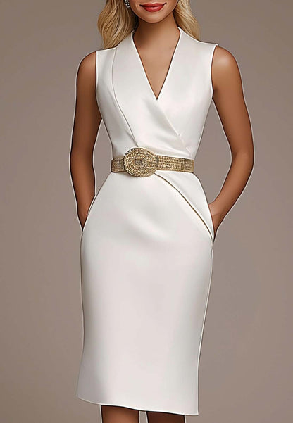 Work Dress White Satin Cross Neck Sleeveless Pocket Knee-Length Dress