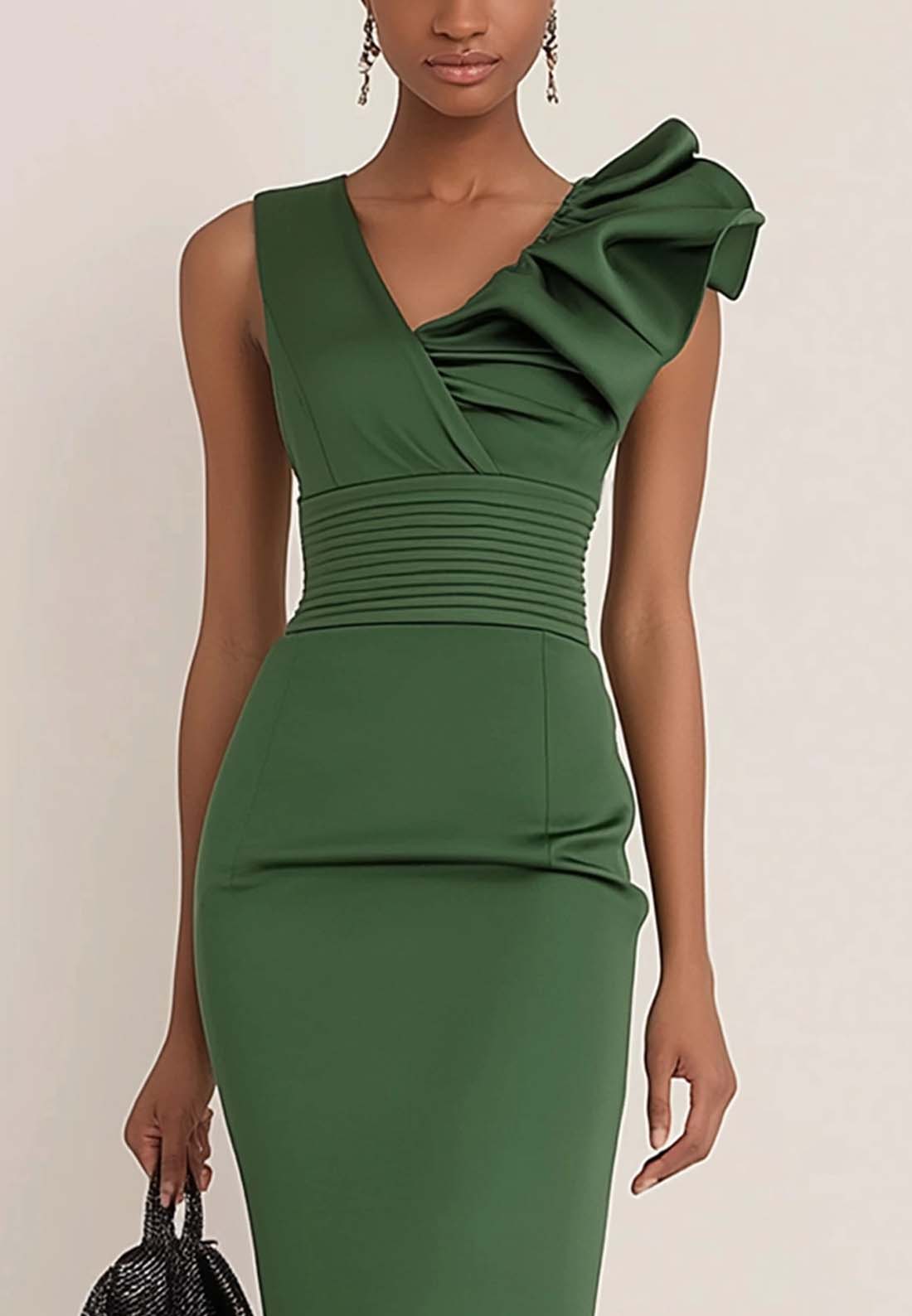 Work Semi-Formal Dress Green Sleeveless Ruffle Fitted Midi Dress