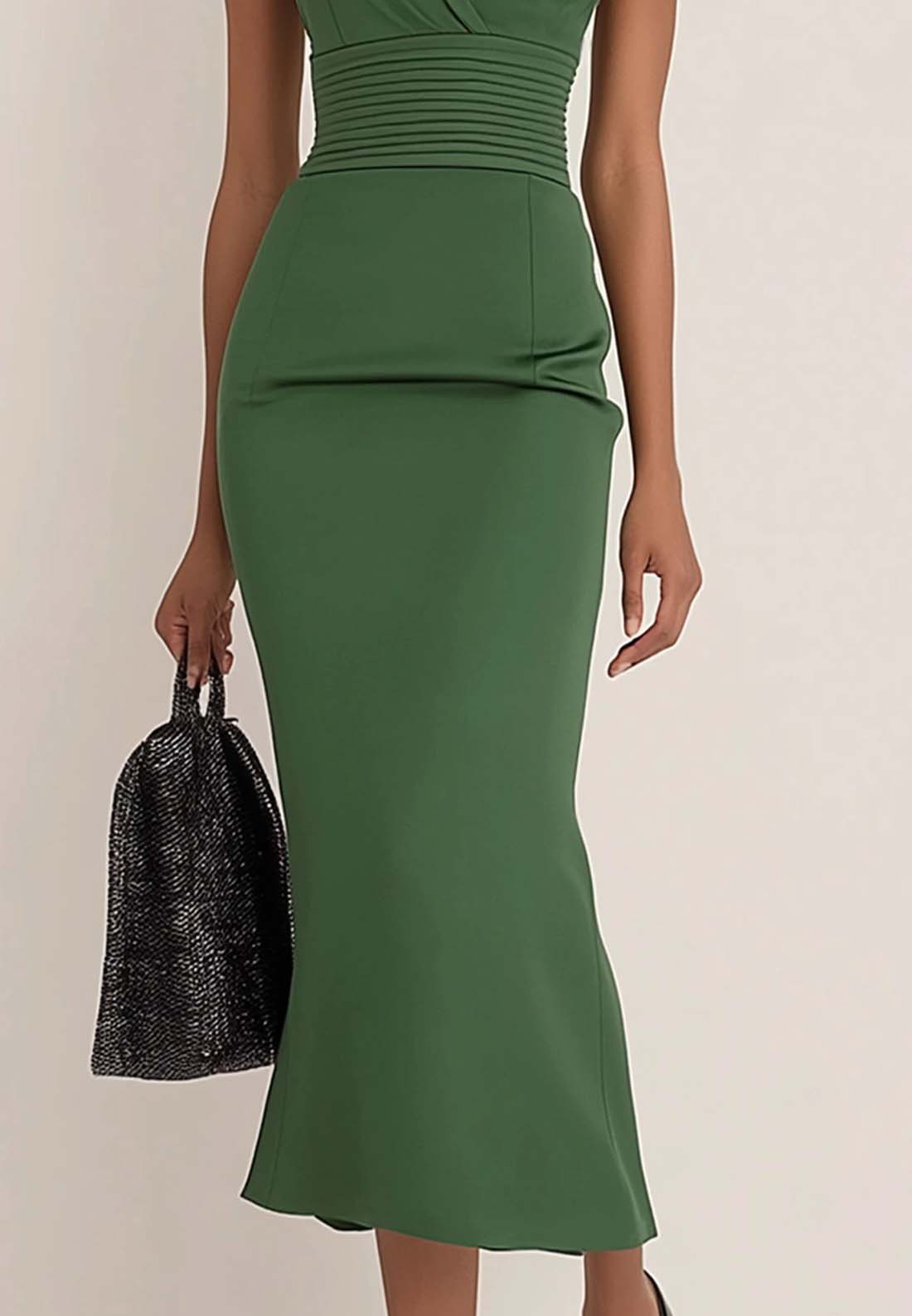 Work Semi-Formal Dress Green Sleeveless Ruffle Fitted Midi Dress